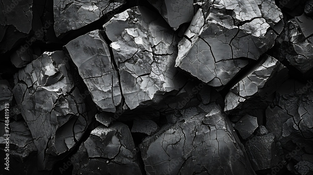 Aufkleber Black white grunge background Rock texture with cracks Stone wall background with copy space for text and design Web banner Dark gray rocky surface Closeup : Generative AI
