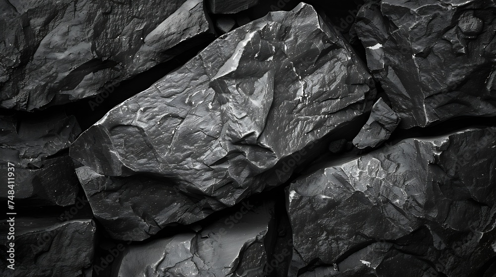 Poster black stone background rock texture fragment of the mountain surface closeup volumetric stone grunge