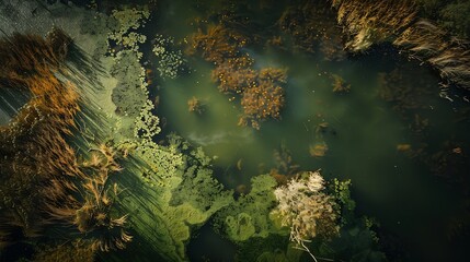 Aerial view of lakes and reed swamp in nature reserve Tetjehorn t Roegwold province of Groningen The Netherlands : Generative AI - obrazy, fototapety, plakaty