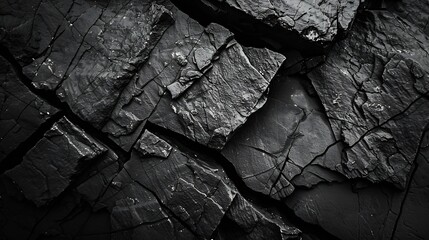 Black rock texture Rough mountain surface with cracks Closeup Dark stone background with space for design Grunge Banner Wide Long Panoramic : Generative AI - obrazy, fototapety, plakaty