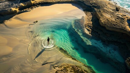 Aerial view of a person standing in the Champagne Pools Fraser Island Australia : Generative AI - obrazy, fototapety, plakaty
