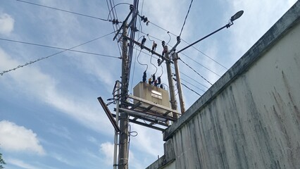 electric tower transformer high voltage blue sky tower