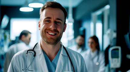 Fototapeta premium Happy Doctor with Stethoscope in Hospital, Staff in Background with Staff