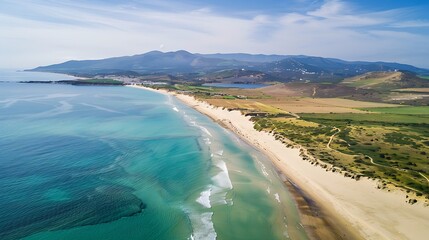 Aerial view of Playa Valdevaqueros a small beach along the Mediterranean Sea coastline Tarifa Cadiz Spain : Generative AI