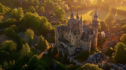 Aerial view of Ooidonk castle during sunset situated near Gent Belgium : Generative AI