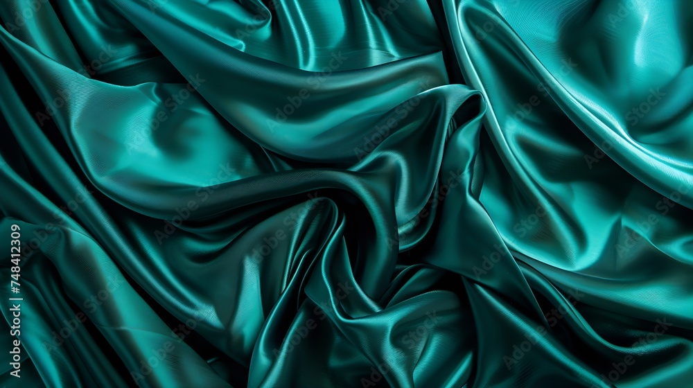 Aufkleber dark teal green silk satin shiny smooth fabric soft folds luxury background with space for design ba