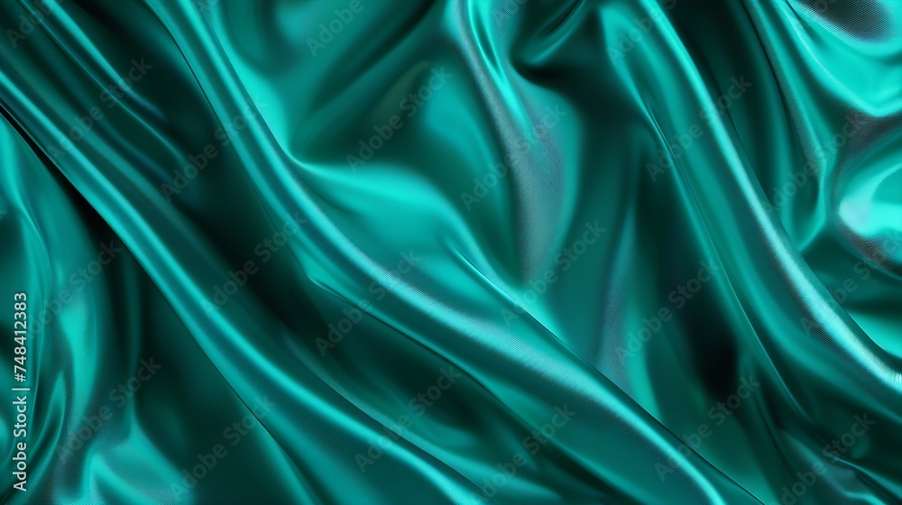Poster beautiful green blue silk satin background wavy folds on shiny fabric luxury dark teal background wi