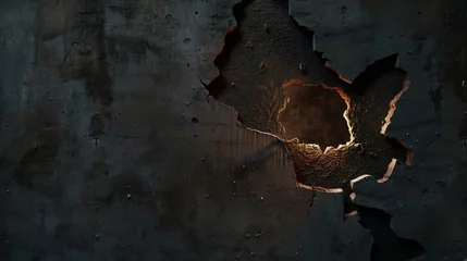 Fotobehang Hole with torn edges in iron Ragged hole in metal Large round hole the wall Through hole Damage to the iron wall : Generative AI © Generative AI