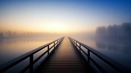 Fototapeta premium Serene Sunrise Mist Over Wooden Bridge on Calm Lake With Trees