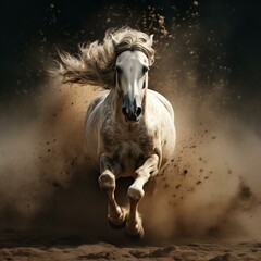 Majestic White Horse Galloping Powerfully in Dusty Arena During Sunset