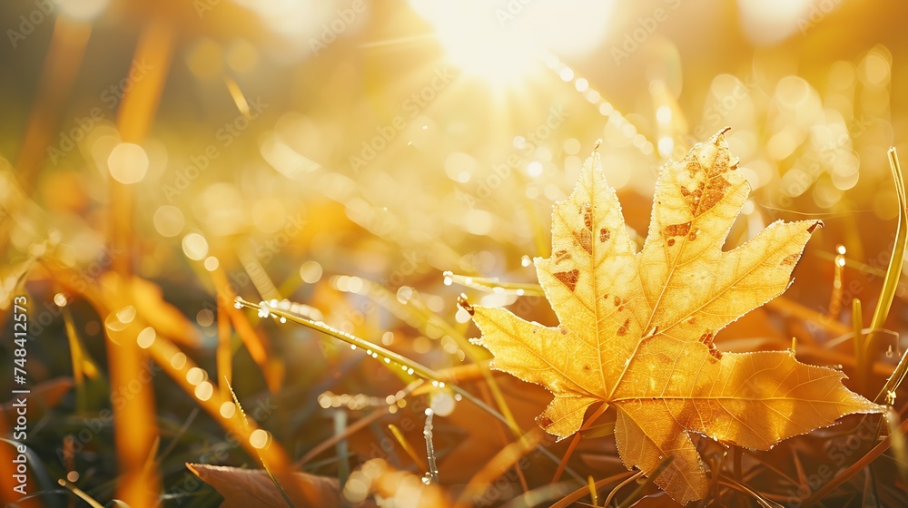 Aufkleber Golden beautiful leaf in autumn grass on nature closeup macro with soft focus and blurred background : Generative AI