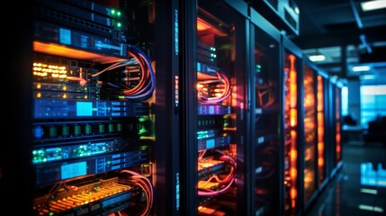 Connection network in servers data center room storage systems Big Data centers and network devices in high-performance operation