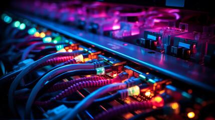 Fototapeta premium Connection network in servers data center room storage systems Big Data centers and network devices in high-performance operation