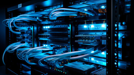 Connection network in servers data center room storage systems Big Data centers and network devices in high-performance operation