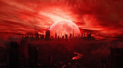 Red sunset over the city Black red abstract background Dramatic sky Dark red horror background Blood red sunset Armageddon : Generative AI - obrazy, fototapety, plakaty