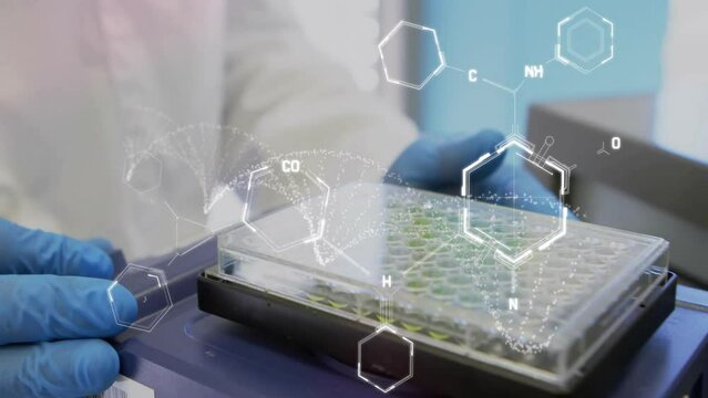 Animation of scientific data processing over scientist in laboratory