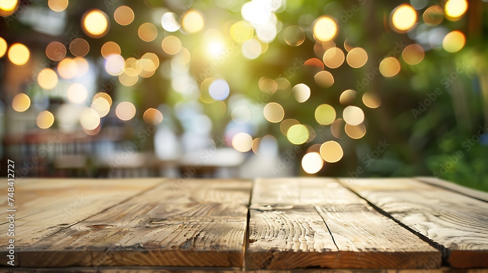 Poster wooden table on light bokeh background in the restaurant : generative ai