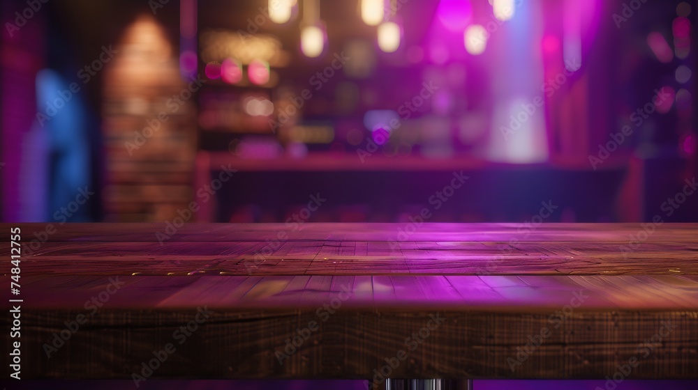 Aufkleber wood table top counter with night cafe club background in use for display product on shelf with party time : Generative AI