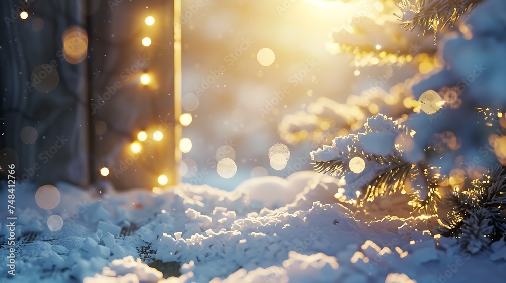 Leinwandbilder winter christmas snowy frame with copy space wooden light boards are covered with snow with clean fr
