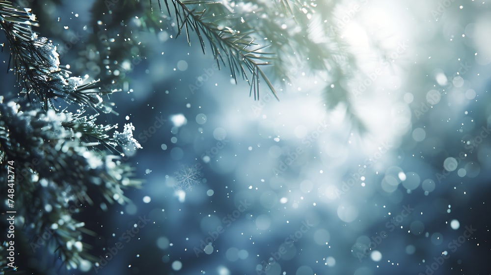 Fototapete christmas winter snow background with fir branches macro with soft focus and snowfall in blue tones 