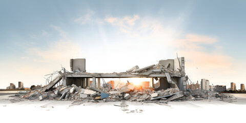 Destroyed ruins buildings after war isolated white background 