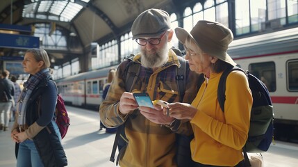 Tourists travelers consulting gps and guide from a smart phone in a train station : Generative AI