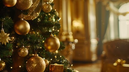 Beautiful elegant Christmas tree with Golden balls and gifts on defocused warm evening background of cozy home interior in golden green tones : Generative AI