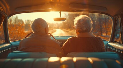 Golden Years on the Road: Elderly Couple's Sunset Drive in a Classic Convertible