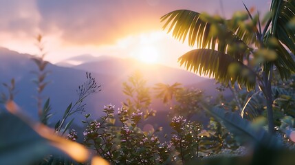 Tropical sunrise on the Mountain twilight sky power full color sunlight : Generative AI