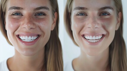 Collage with photos of woman with diastema between upper front teeth before and after treatment on white background closeup Banner design : Generative AI - obrazy, fototapety, plakaty
