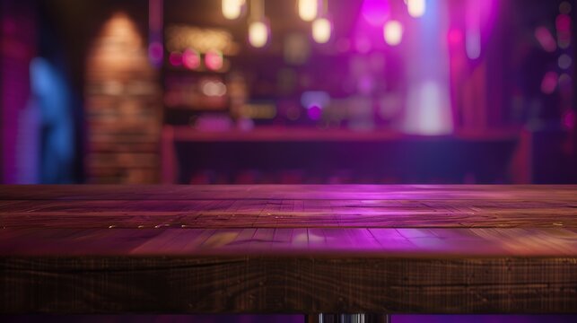 wood table top counter with night cafe club background in use for display product on shelf with party time : Generative AI