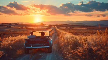 Golden Hours Road Trip: Embracing life's journey with joyful hearts. Couples enjoy a road trip during the enchanting golden hours