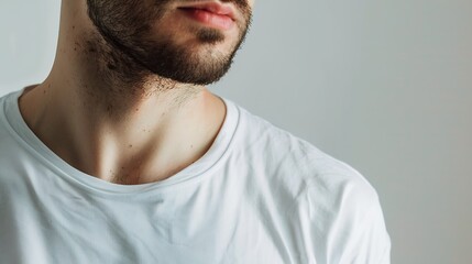 Fototapeta premium Man wearing white tshirt on light grey background closeup Mockup for design : Generative AI