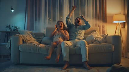 Tired mother and father sitting on couch feels annoyed exhausted while noisy little daughter and son shouting run around sofa where parents resting Too active hyperactive kids need rep : Generative AI - obrazy, fototapety, plakaty