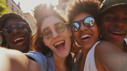 Multicultural happy friends having fun taking group selfie portrait on city street Multiracial young people celebrating laughing together outdoors Happy lifestyle concept : Generative AI - obrazy, fototapety, plakaty