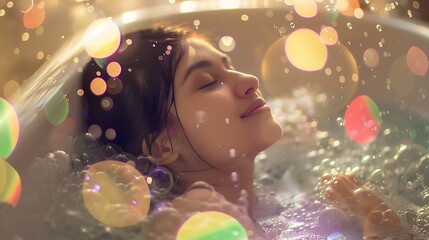 Happy beautiful woman taking bubble bath Romantic atmosphere : Generative AI