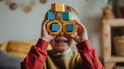 おしゃれな部屋で男の子がカラフルな積み木で眼鏡を作って笑っている写真