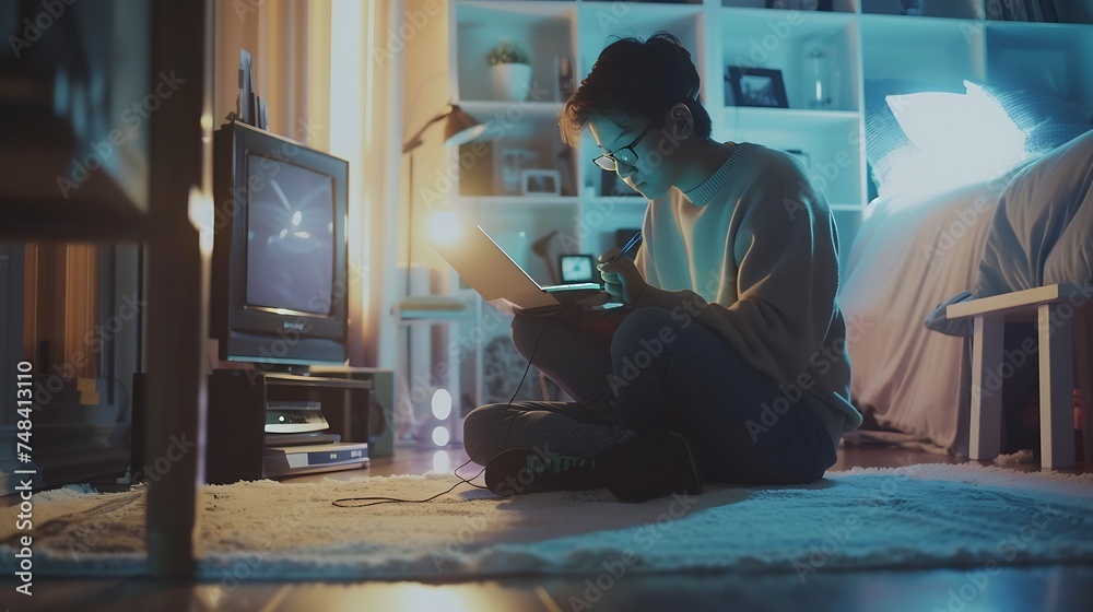 Poster entrepreneur or student working or studying at home and writing notes sitting on the floor at home :
