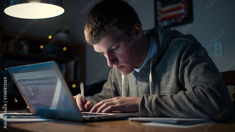 Poster Student studying with laptop and taking notes on a desktop at home : Generative AI