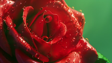 Beautiful bright red rose flower with a drop of dew water on a green juicy background A beautiful rose in the sunlight Glare of the sun on the rose petals : Generative AI