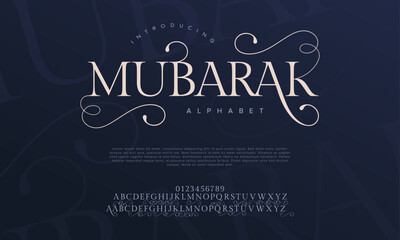 Mubarak premium luxury arabic alphabet letters and numbers. Elegant islamic  typography ramadan wedding serif font decorative vintage. Creative vector illustration - obrazy, fototapety, plakaty