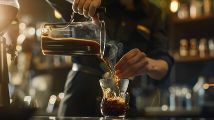 Fototapeta na wymiar Professional female barista in black uniform making drip coffee Person pouring fresh aromatic coffee from glass flask in cup hands close up Alternative coffee brewing : Generative AI