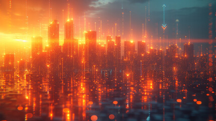 Fototapeta premium A digital futuristic cityscape is divided into sections each representing a different level of real estate investment. The lower levels feature simpler residential properties