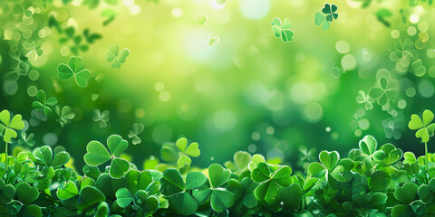 Saint Patrick Day background. Green Clover and Shamrock, copy space