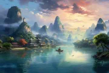 Papier Peint photo Bleu Tranquil Oriental landscape river. China art. Generate Ai