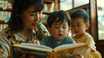 母と息子の親子が日本の図書館で絵本を読んでいるところ