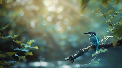 Common Kingfisher Alcedo atthisrest on branch in nature : Generative AI