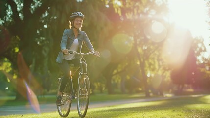 Healthy and happy cyclist woman riding fast a bicycle in a park : Generative AI - obrazy, fototapety, plakaty