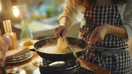 Woman cooking delicious crepe on electric pancake maker in kitchen closeup : Generative AI - obrazy, fototapety, plakaty