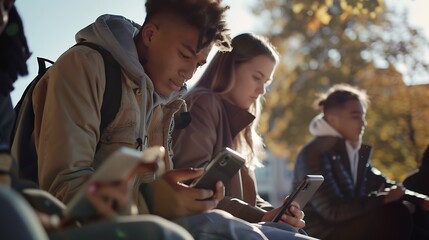 Group of multiracial young people using smart mobile phone device outdoors Happy university students watching cellphones sitting in college campus Teenagers addicted to social media te : Generative AI - obrazy, fototapety, plakaty